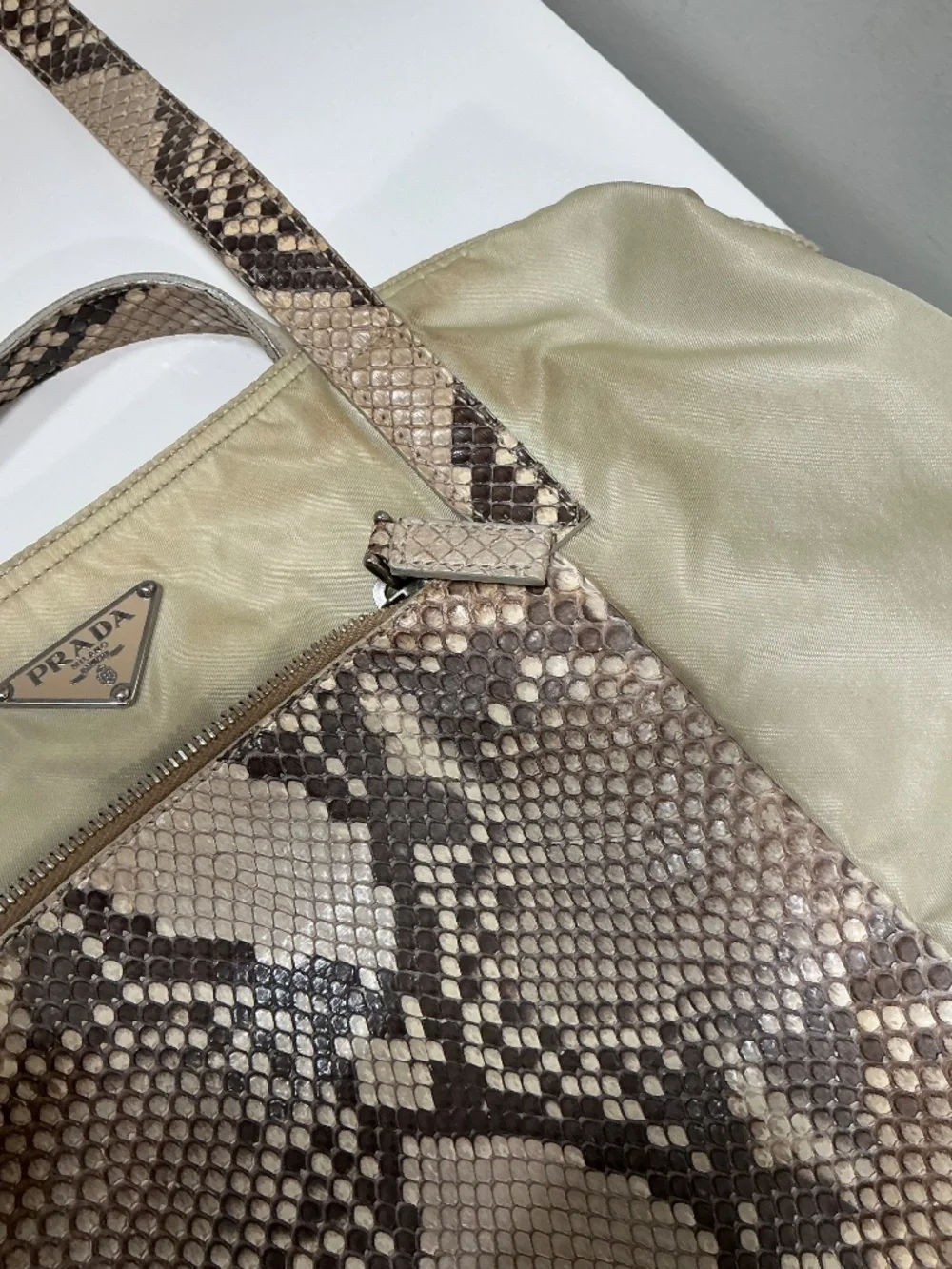 Prada beige nylon shoulder bag with genuine python accents